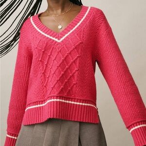 Anthropologie Maeve Hot Pink “Tilly”‎ V-Neck Sweater